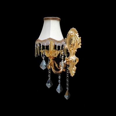 Classic Crystal Drops and White Fabric Bell Shade with Black Edging Add Charm to Splendid One-light  Wall Sconce