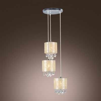 Delicate Beige Fabric Shades and Clear Crystal Drops Add Charm to Graceful Multi-Light Pendant