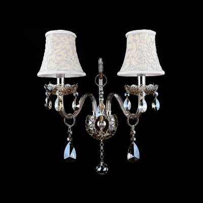 Elegant Wall Light Fixture Completed with White Fabric Shade and Clear Lead Crystal Droplets