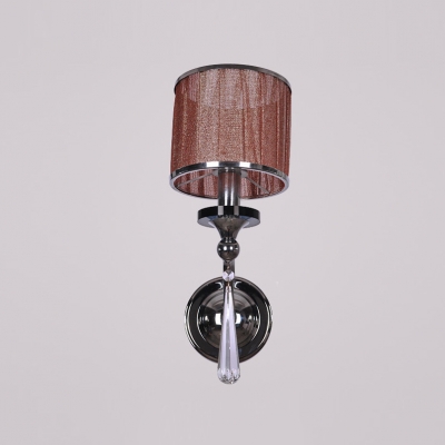 Fluttering One Light Coffee Fabric Cylinder Shade Wall Sconce Adorned with Faceted Crystal Drop Perfect for Bedroom