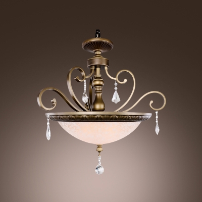 Graceful Metal Curved Arms Frosted Glass Bowl Pendant Light Accented by Crystal Pendaloques