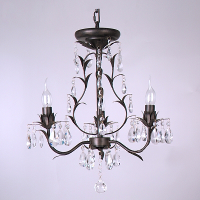Gracefully Black Wrought Iron Leaf Arms 3-Light Stunning Crystal Droplets Chandelier