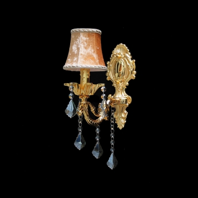 Luxury One-light Wall Sconce Accented with Elegant Crystal Droplets and Graceful Orange Fabric Shade