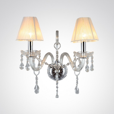 Magnificent Two Light and Crystal Creates Stunning Wall Sconce with Ivory Fabric Bell Shade