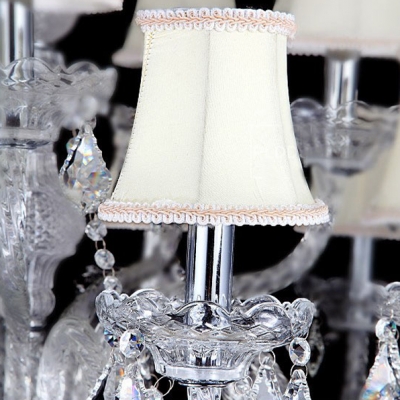 Romantic and Elegant Ivory Fabric Bell Shades and Clear Crystal Traditional Chandelier