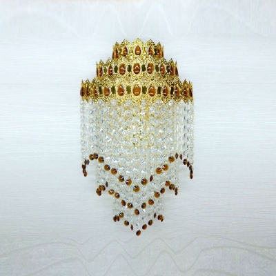 Stunning Contemporary Crown-Shaped Three-light Wall Sconce Adorned with Strands of Clear and Red Crystal Beads