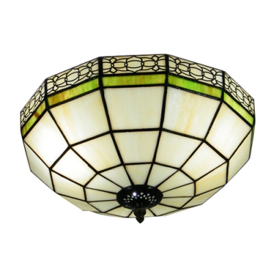 Three Lights Tiffany Glass Shade with Symmetrical Pattern Flush Mount Ceiling Light