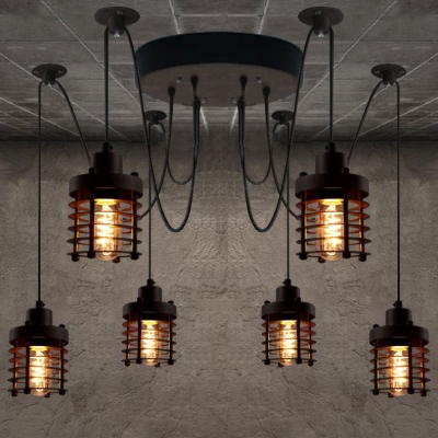 Black Finished Wire Cage Industrial LED Multi Light Pendant