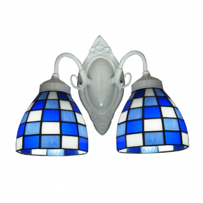 Blue and White Grid Pattern Glass Shades White Finish Tiffany Bathroom Lighting