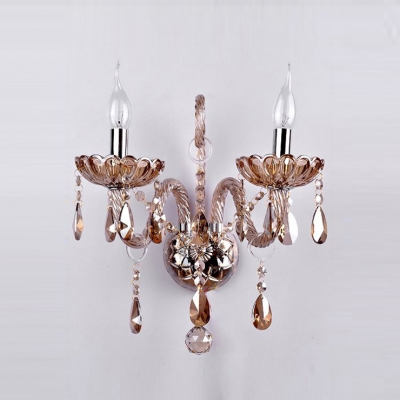 Dramatic Luxurious Two Light Crystal Wall Sconce Pairs with Elegant Curving Arms