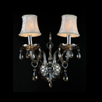 Elegant Two-light Wall Sconce with Beautiful Crystal Drops Featuring Glass-crafted Framework and White Fabric Bell Shades