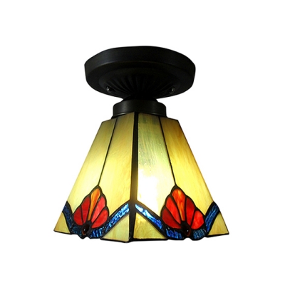 Four Sides Tiffany Flush Mount Light with Red Flower Pattern