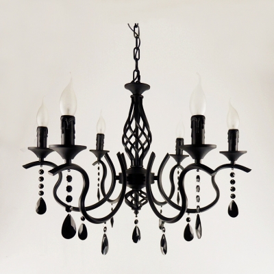 Glittering Crystal Accent  Delicate scrolls Black Wrought Iron Chandelier