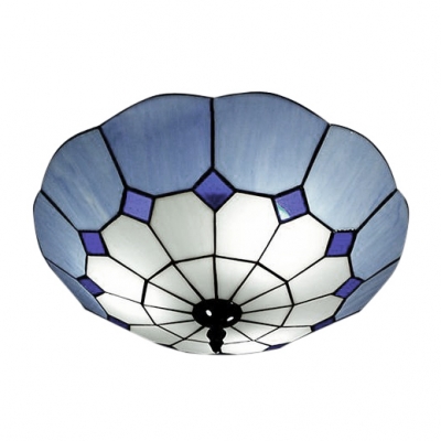 Large Size Tiffany Flush Mount light with Blue Art Glass Lotus Shade