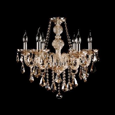Warm and Elegant Amber Crystal Pendaloques and Ball Six Lights Crystal Glass Column Chandelier