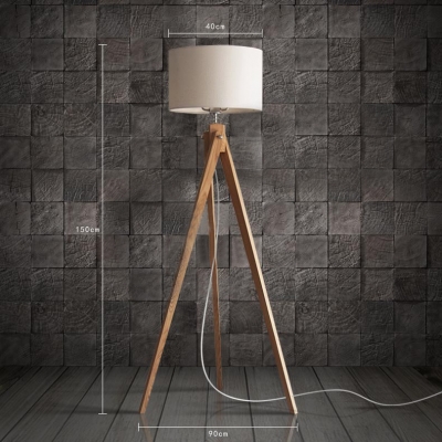 Linen Drum Shaded And Wood Tripod Designer Floor Lamp 59”High