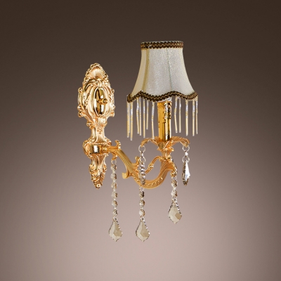 Delicate Back Plate Scrolling Arms and White Fabric Shade Creates Sparkling Wall Light Fixture