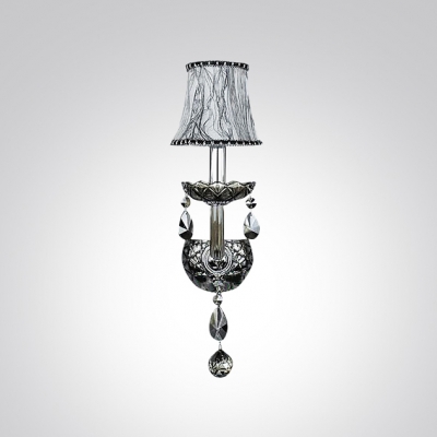 Lustrous Single Light Wall Sconce with Grand Fabric Shade and Graceful Crystal Accents