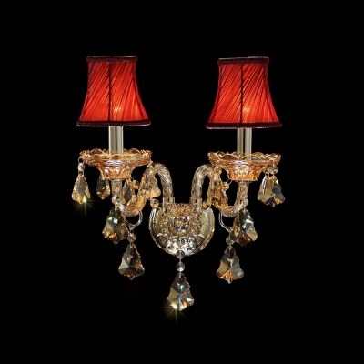 Luxury Two Light Wall Sconce Features Bold Red Fabric Shades with Crystal Droplets