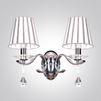 Modest and Chic Clear Crystal Teardrops Two Lights Wall Sconce Embracing Gray Empire Fabric Shade