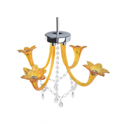 Murano Country Style Four Flower Lighted Chandelier Hanging Crystal Strands and Droplets
