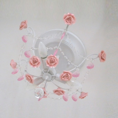 Romantic and Beautiful Pink Floral Detailed and Clear Crystal Strands Semi Flush Mount