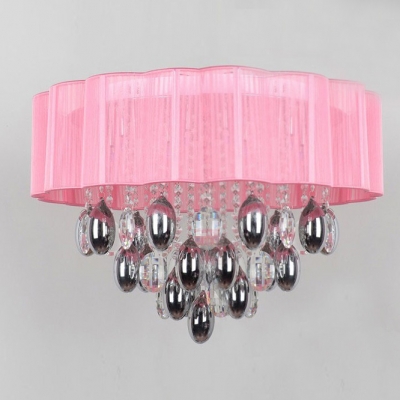 Sparkling Clear Crystal Teardrops Falling and Pink Shaded Romantic Flush Mount