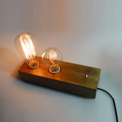 Vintage Wood Industrial Accent LED Table Lamp with 2 Edison Bulbs