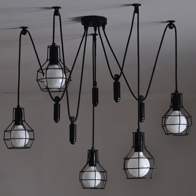 5 Light Pulley Cage Shade LED Pendant Lighting in Black
