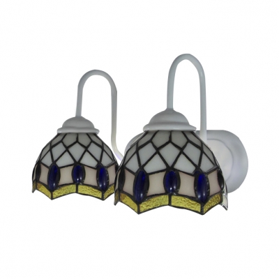 Blue Oval Beadings Accented Tiffany Glass Shades Two Light Bathroom Lighting