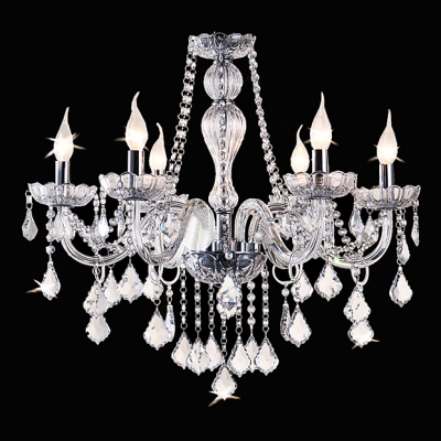 Excellent and Bold Six Candle Lights Faceted Crystal Droplets Falling Clear Crystal Glass-armed Chandelier