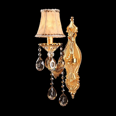 Fabulous Polished Gold Finish Wall Sconce Features Beautiful Phoenix Feather Crystal Drops and Beige Fabric Shade