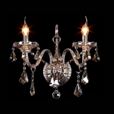Glamourous Two Light Crystal Wall Sconce with Delicate Back Plate and Graceful Curving Arms