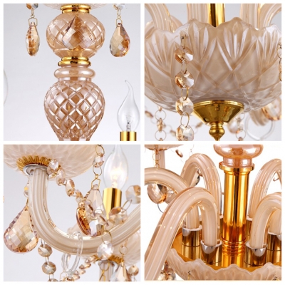 Glittering Amber Crystal Drops Pendaloques 8-Light Large Dining Room Chandelier