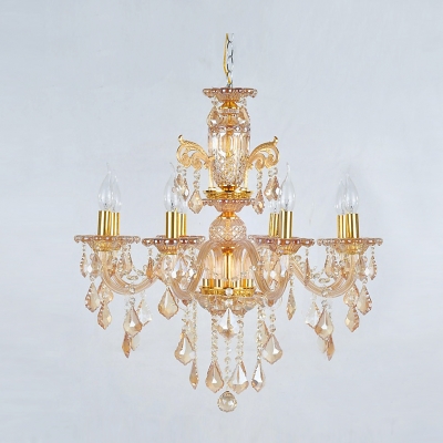 Golden and Elegant  8-Light Crystal Scrolling Arms and Droplets Chandelier Lighting