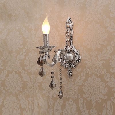 Gorgeous European Style Wall Sconce Features Decorative Silver Detailing and Beautiful Crystal Drops with Single Candle Light