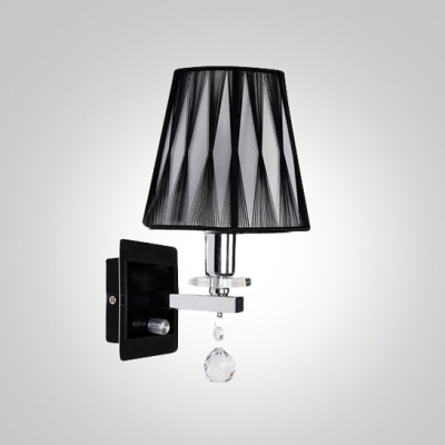 Gorgeous Wall Sconce Adorned with Cool Black Patterned Fabric Shade and Beautiful Clear Crystal Bobeche and Drops
