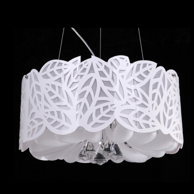 Modern Crystal Accent Gleaming Style Five-light Large Pendant with Graceful White Leaves Shade