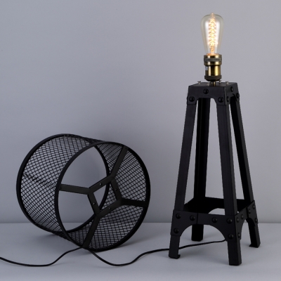 Retro Drum Shaded Industrial  Black Iron Network Four-feet Table Lamp