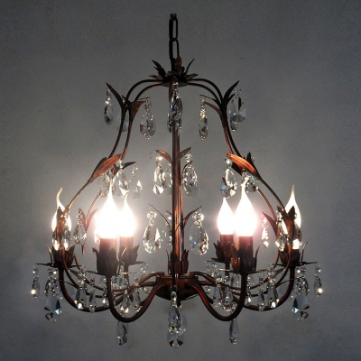 Antique Copper Finished 6-lLight Iron Leaves Hand-Cut Clear Crytsal Accented Chandelier