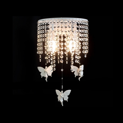 Beautiful All White Butterflies and Strands of Clear Crystal Beads Creating Stunning Double Light Wall Sconce with White Finish Iron Base
