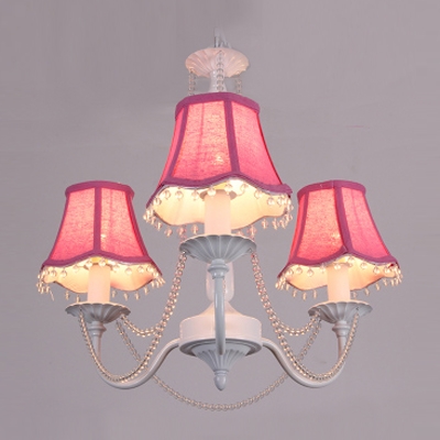 Beautiful Three Colorful Fabric Shades Pairs with White Finish Made Lovely Mini Chandelier