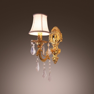 Delicate Single Wall Light Completes with White Fabric Shade and Clear Crystal Drops