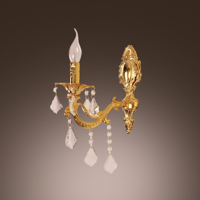 Delicate Single Wall Light Completes with White Fabric Shade and Clear Crystal Drops