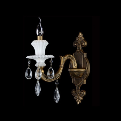 Elegant Antique Brass Single Light Wall Sconce Featured Clear Lead Crystal and Curved Sleek Arm