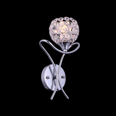 Modern Single Light  Wall Light Fixture Features Graceful Scrolling Arms and Polished Chrome Finish Frame Accented with Clear Crystal Beads