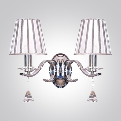 Modest and Chic Clear Crystal Teardrops Two Lights Wall Sconce Embracing Gray Empire Fabric Shade