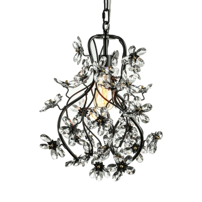 Sparkling Clear Crystal Floral and Swirled Branches Frame Black Wrought Iron Chandelier