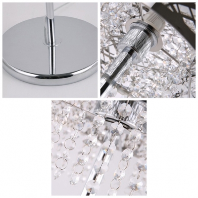 Stunning Chrome Finish Drum Shade and Beautiful Strands of Clear Crystal Beads Add Charm to Contemporary Table Lamp