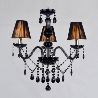 Three Lights Black Crystal Droplets Accented and Fabric Shades Captivating Mini Chandelier